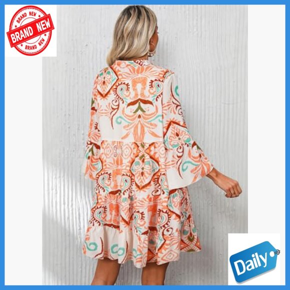 V-Neck 3/4 Sleeve Bohemian Tribal Print Flowy Mini Dress Casual Summer - Picture 4 of 7